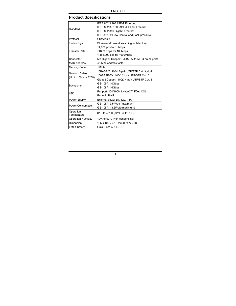 Product specifications | ZyXEL Communications ZyXEL Dimension GS-105A User Manual | Page 10 / 30