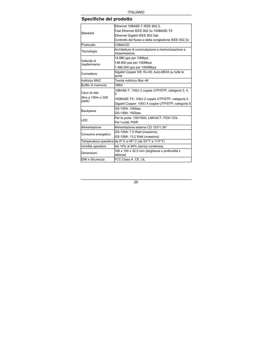Specifiche del prodotto | ZyXEL Communications ZyXEL Dimension GS-105A User Manual | Page 26 / 30