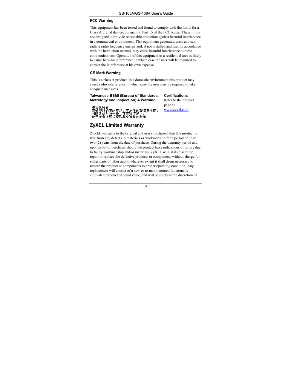 Zyxel limited warranty | ZyXEL Communications ZyXEL Dimension GS-105A User Manual | Page 3 / 30