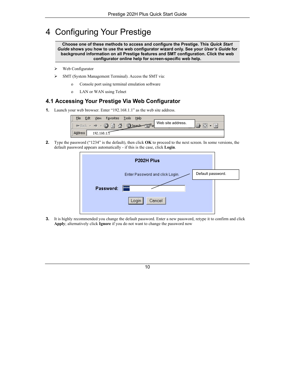 4 configuring your prestige | ZyXEL Communications ISDN Internet Access Router 202H Plus User Manual | Page 10 / 24