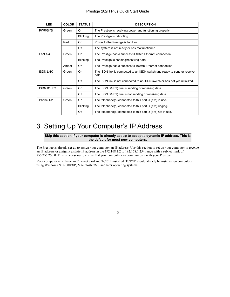 3 setting up your computer’s ip address | ZyXEL Communications ISDN Internet Access Router 202H Plus User Manual | Page 5 / 24