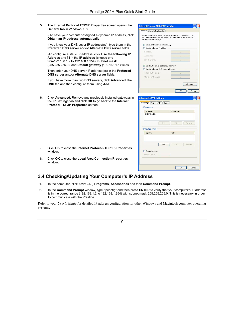 4 checking/updating your computer’s ip address | ZyXEL Communications ISDN Internet Access Router 202H Plus User Manual | Page 9 / 24