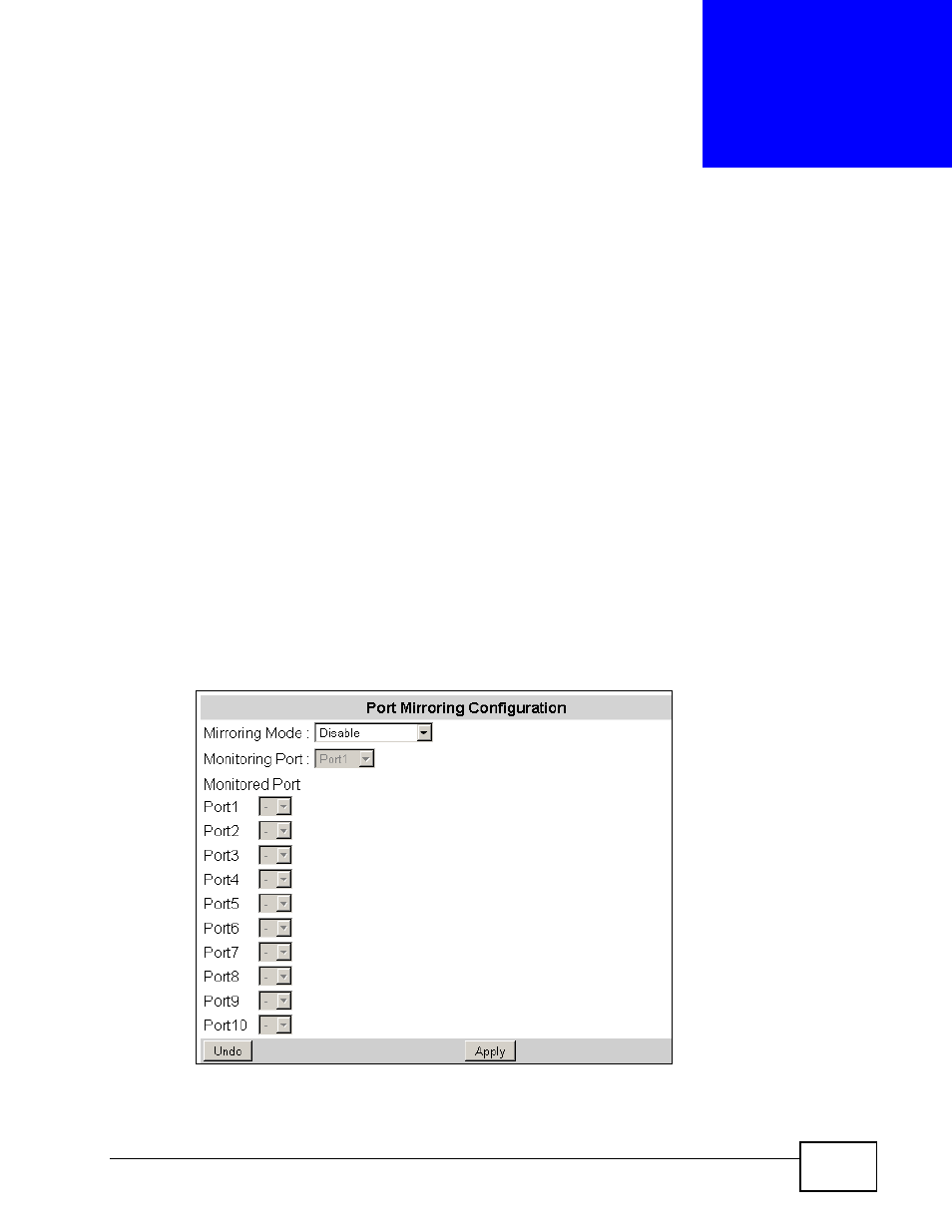 Port mirroring, 1 overview, 2 port mirroring setup | Chapter 15 port mirroring | ZyXEL Communications MES-2110 User Manual | Page 115 / 232