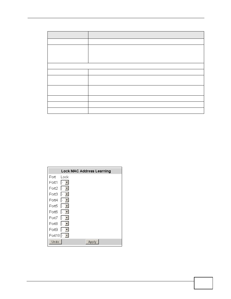 3 the lock mac address learning screen | ZyXEL Communications MES-2110 User Manual | Page 153 / 232
