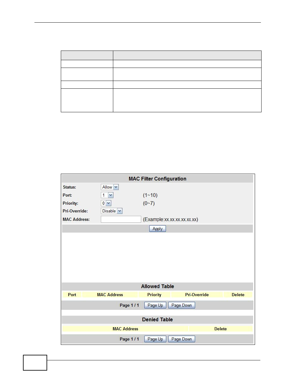 4 the mac filter configuration screen | ZyXEL Communications MES-2110 User Manual | Page 154 / 232