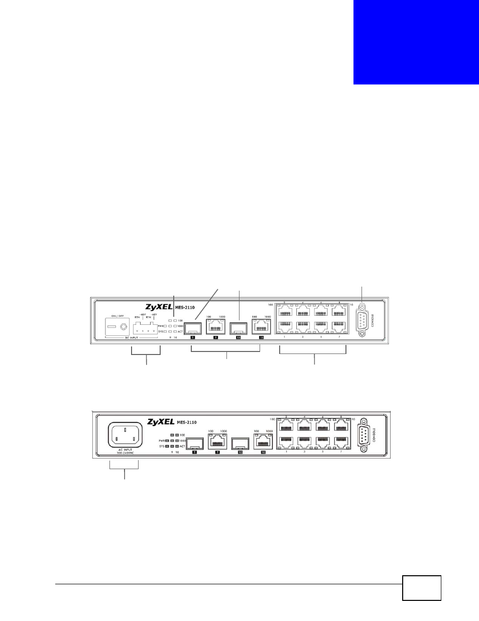 Hardware overview, 1 front panel, Chapter 3 hardware overview | ZyXEL Communications MES-2110 User Manual | Page 29 / 232