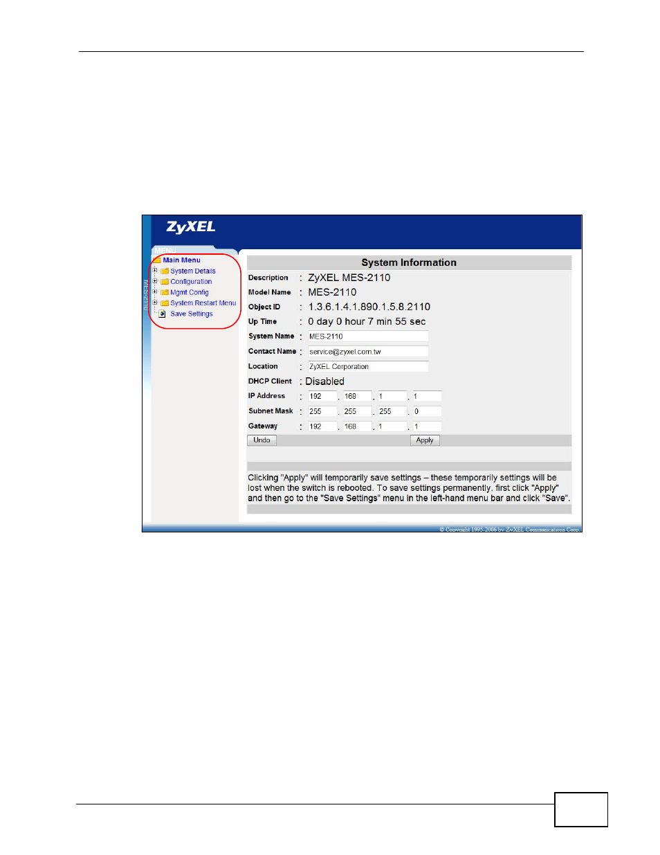 3 the main screen | ZyXEL Communications MES-2110 User Manual | Page 53 / 232