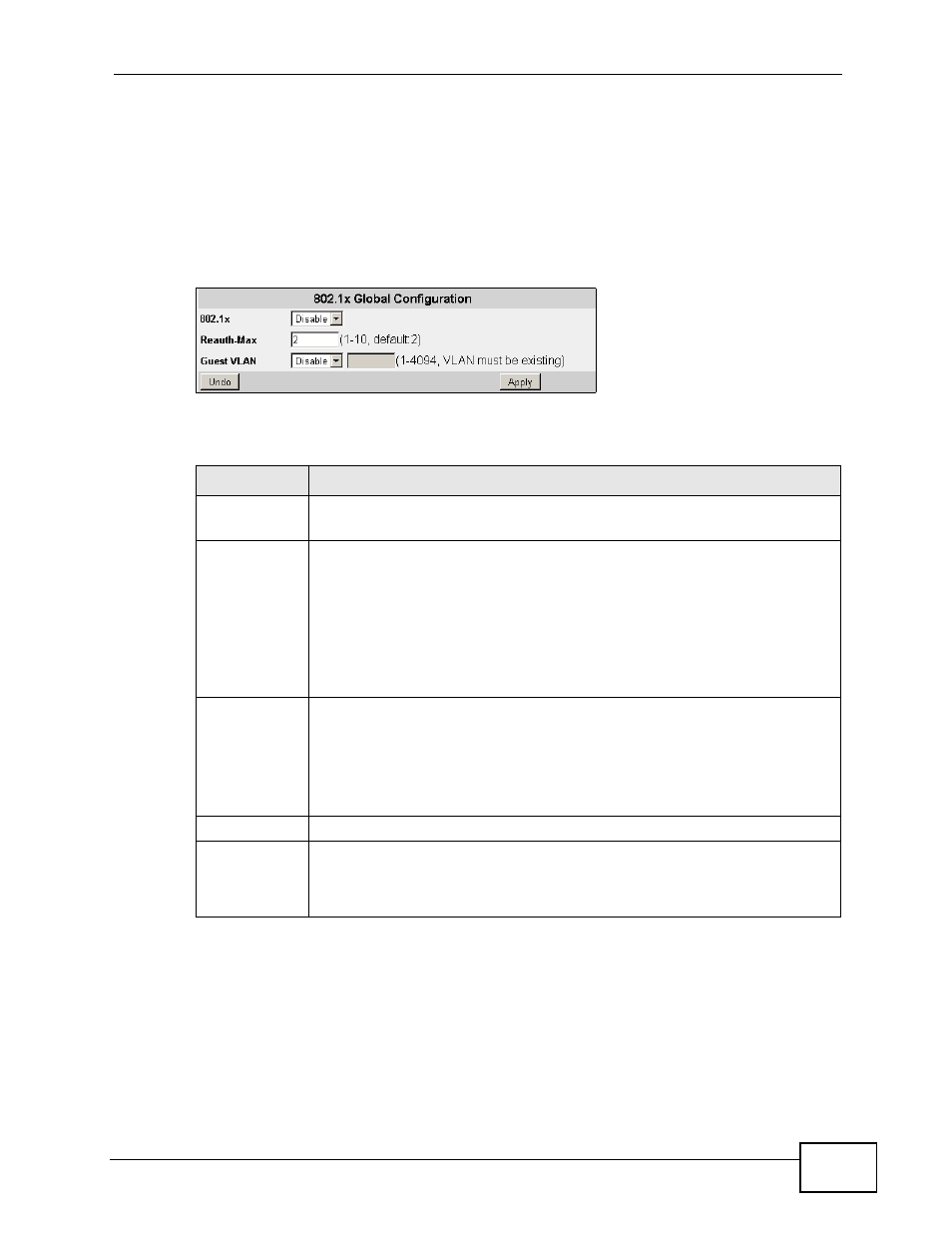 2 802.1x global configuration screen | ZyXEL Communications MES-2110 User Manual | Page 79 / 232