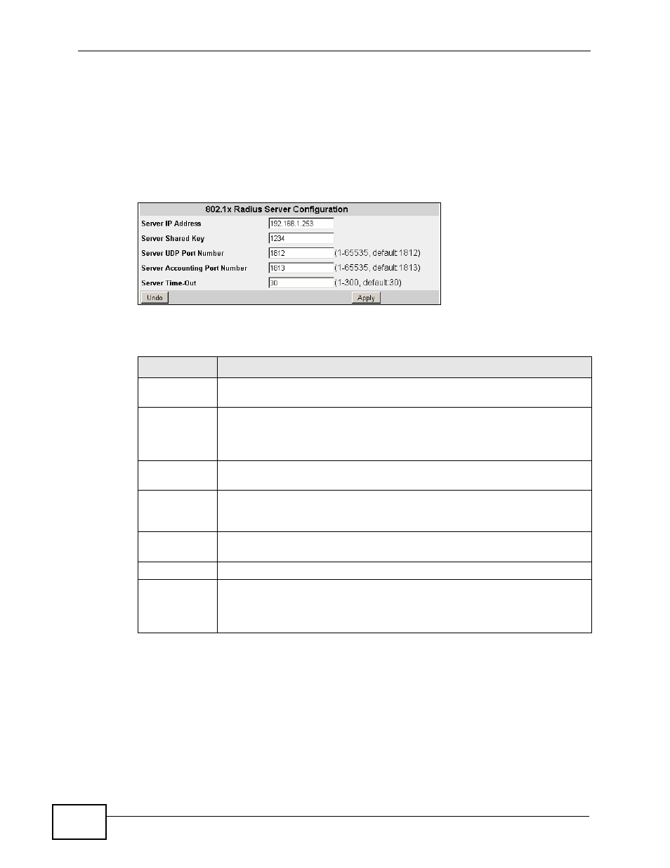 3 802.1x radius server configuration screen | ZyXEL Communications MES-2110 User Manual | Page 80 / 232