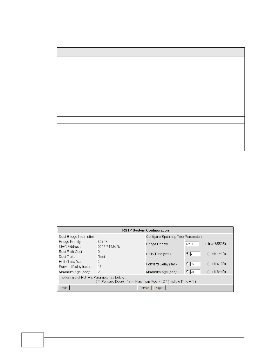 3 the rstp system configuration screen | ZyXEL Communications MES-2110 User Manual | Page 92 / 232