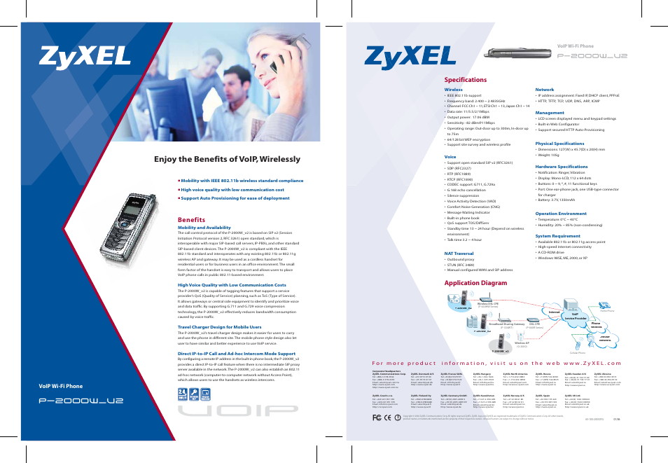 Voip, Enjoy the benefits of voip, wirelessly, Application diagram specifications | Benefits | ZyXEL Communications P-2000W_V2 User Manual | Page 2 / 2