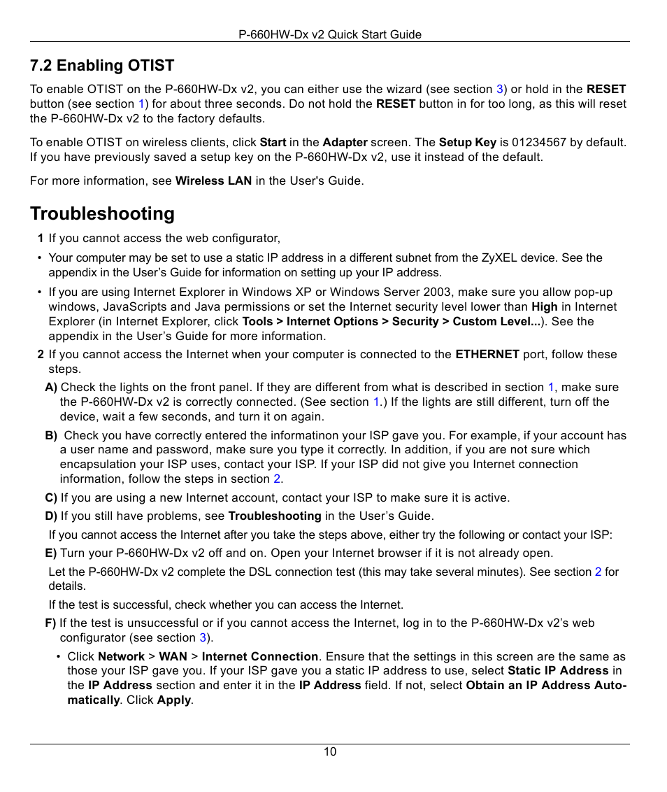 Troubleshooting, 2 enabling otist | ZyXEL Communications P-660HW-Dx v2 User Manual | Page 10 / 11