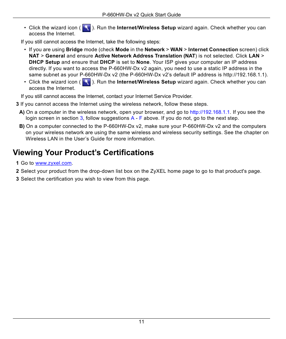 Viewing your product’s certifications | ZyXEL Communications P-660HW-Dx v2 User Manual | Page 11 / 11