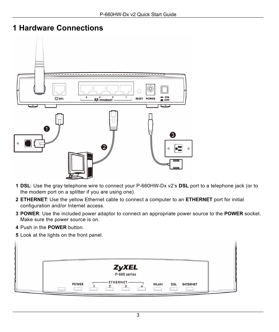1 hardware connections | ZyXEL Communications P-660HW-Dx v2 User Manual | Page 3 / 11