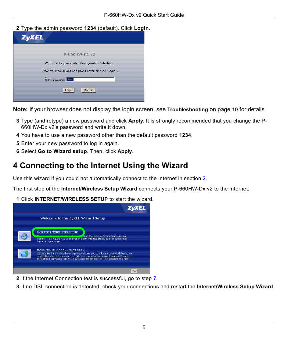 4 connecting to the internet using the wizard | ZyXEL Communications P-660HW-Dx v2 User Manual | Page 5 / 11