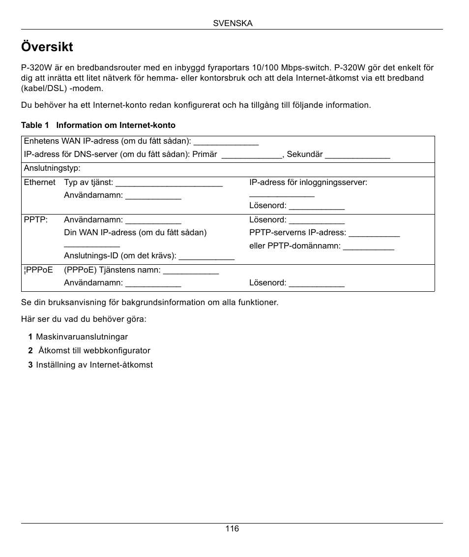 Svenska, Svenska 116, Översikt | ZyXEL Communications 802.11g Wireless Firewall Router 1-P-320W User Manual | Page 116 / 150