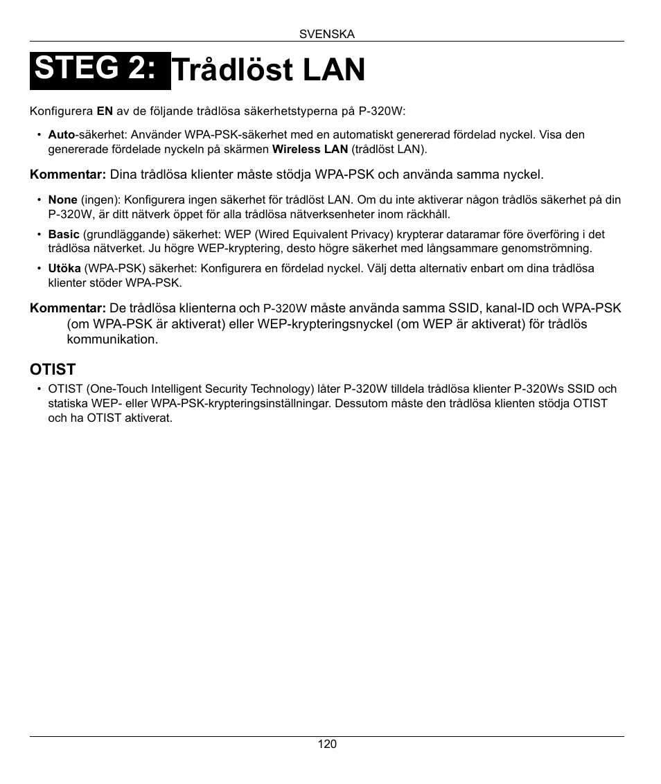 Trådlöst lan, Steg 2 | ZyXEL Communications 802.11g Wireless Firewall Router 1-P-320W User Manual | Page 120 / 150