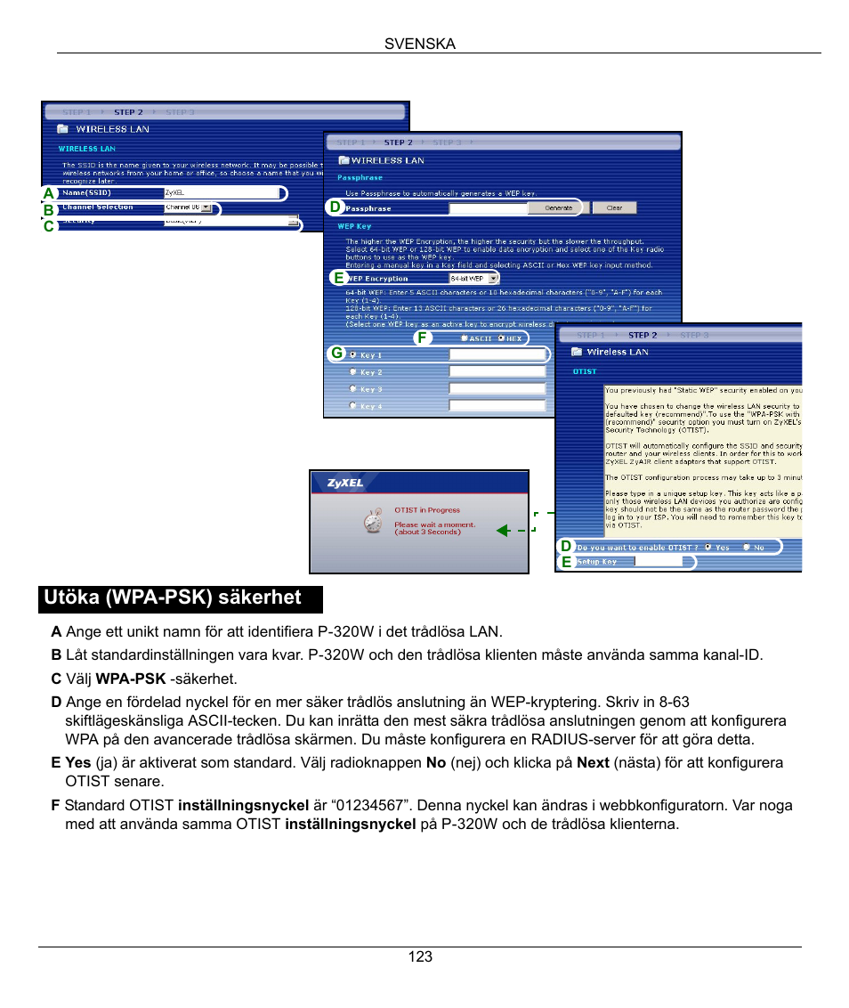 Utöka (wpa-psk) säkerhet | ZyXEL Communications 802.11g Wireless Firewall Router 1-P-320W User Manual | Page 123 / 150
