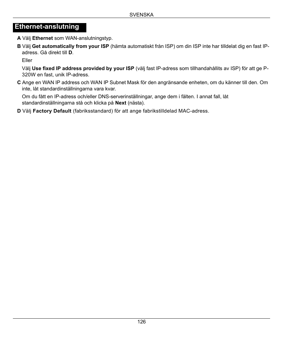 Ethernet-anslutning | ZyXEL Communications 802.11g Wireless Firewall Router 1-P-320W User Manual | Page 126 / 150