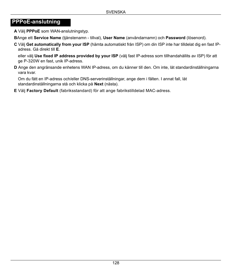 Pppoe-anslutning | ZyXEL Communications 802.11g Wireless Firewall Router 1-P-320W User Manual | Page 128 / 150