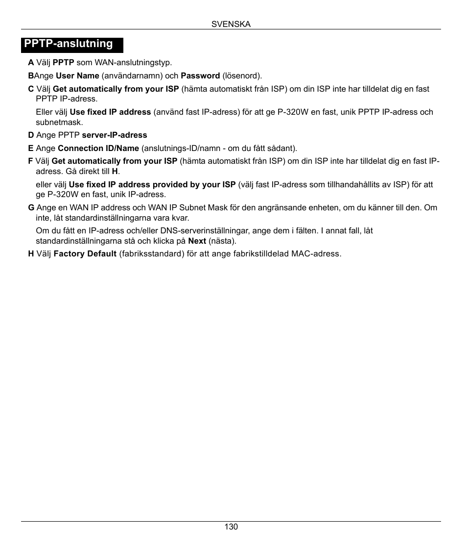 Pptp-anslutning | ZyXEL Communications 802.11g Wireless Firewall Router 1-P-320W User Manual | Page 130 / 150