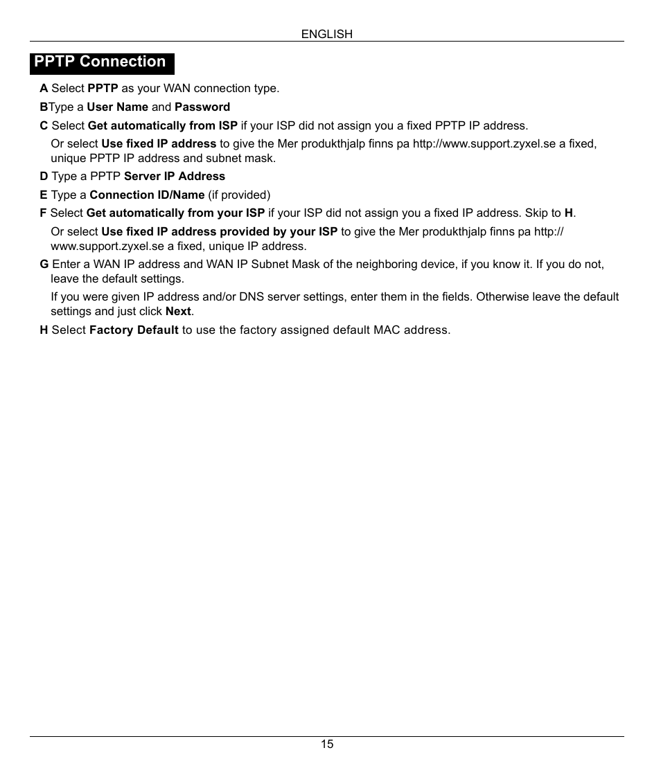 Pptp connection | ZyXEL Communications 802.11g Wireless Firewall Router 1-P-320W User Manual | Page 15 / 150