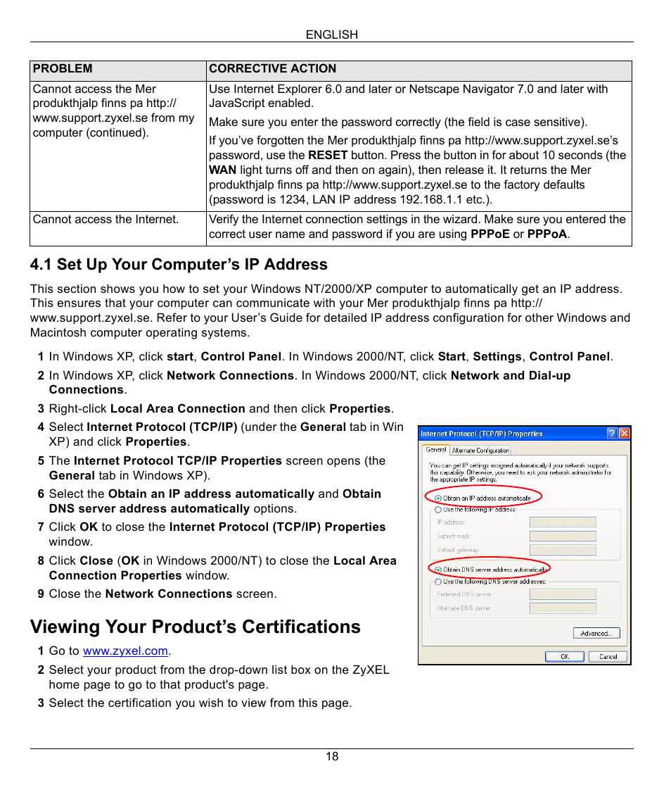 Viewing your product’s certifications, 1 set up your computer’s ip address | ZyXEL Communications 802.11g Wireless Firewall Router 1-P-320W User Manual | Page 18 / 150
