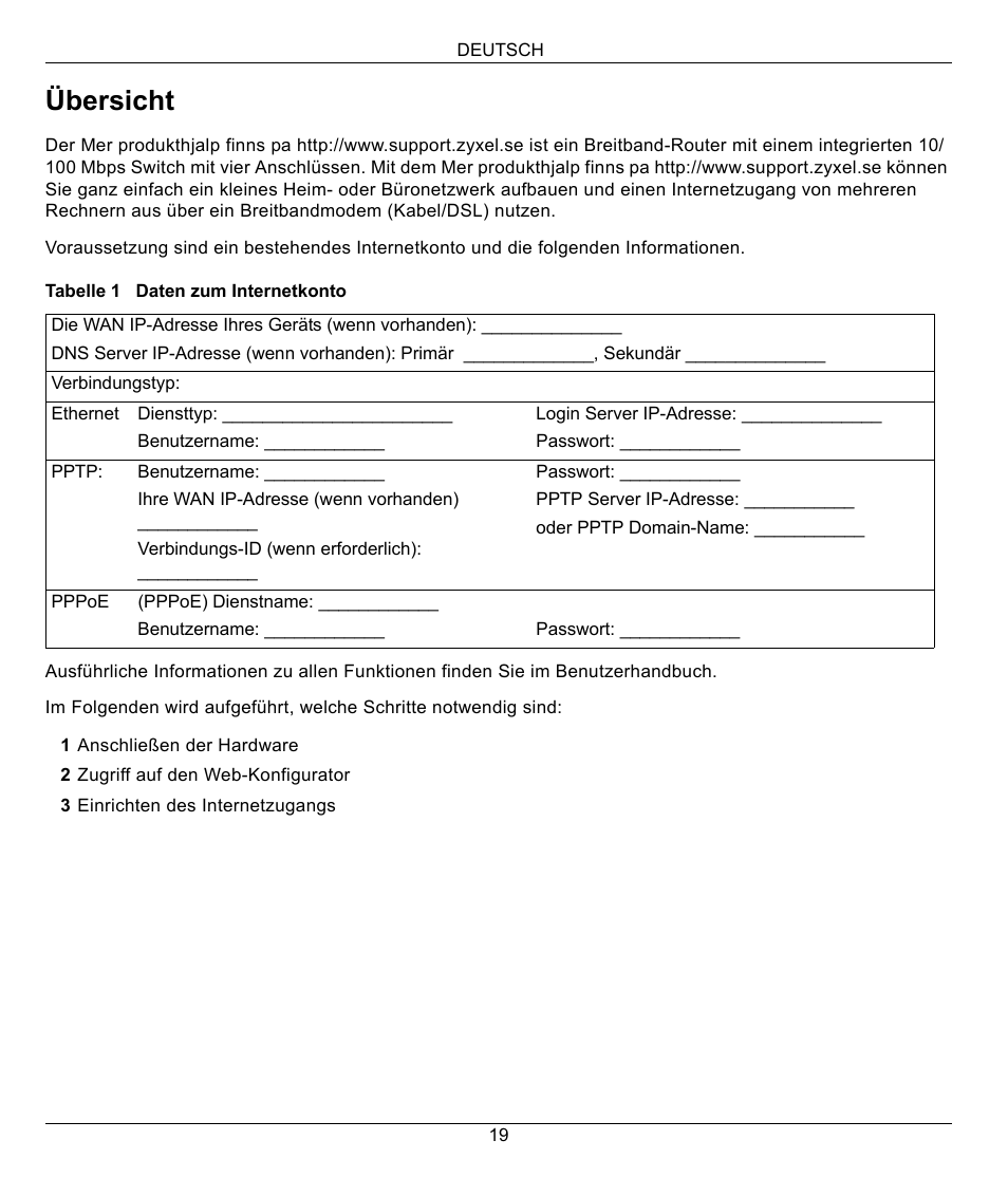 Deutsch, Deutsch 19, Übersicht | ZyXEL Communications 802.11g Wireless Firewall Router 1-P-320W User Manual | Page 19 / 150
