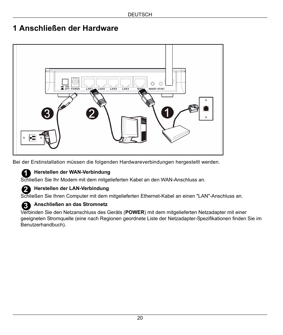 1 anschließen der hardware | ZyXEL Communications 802.11g Wireless Firewall Router 1-P-320W User Manual | Page 20 / 150