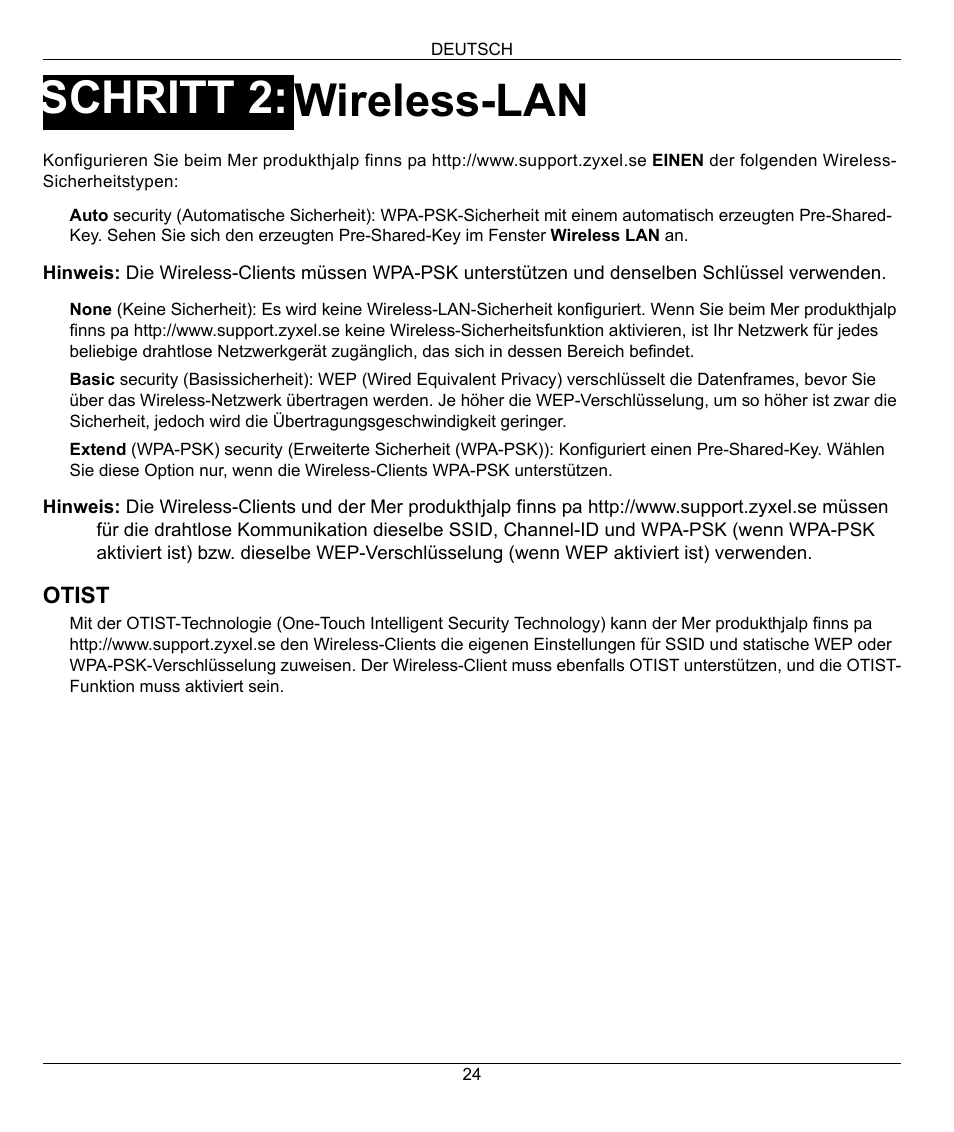 Wireless-lan, Schritt 2 | ZyXEL Communications 802.11g Wireless Firewall Router 1-P-320W User Manual | Page 24 / 150