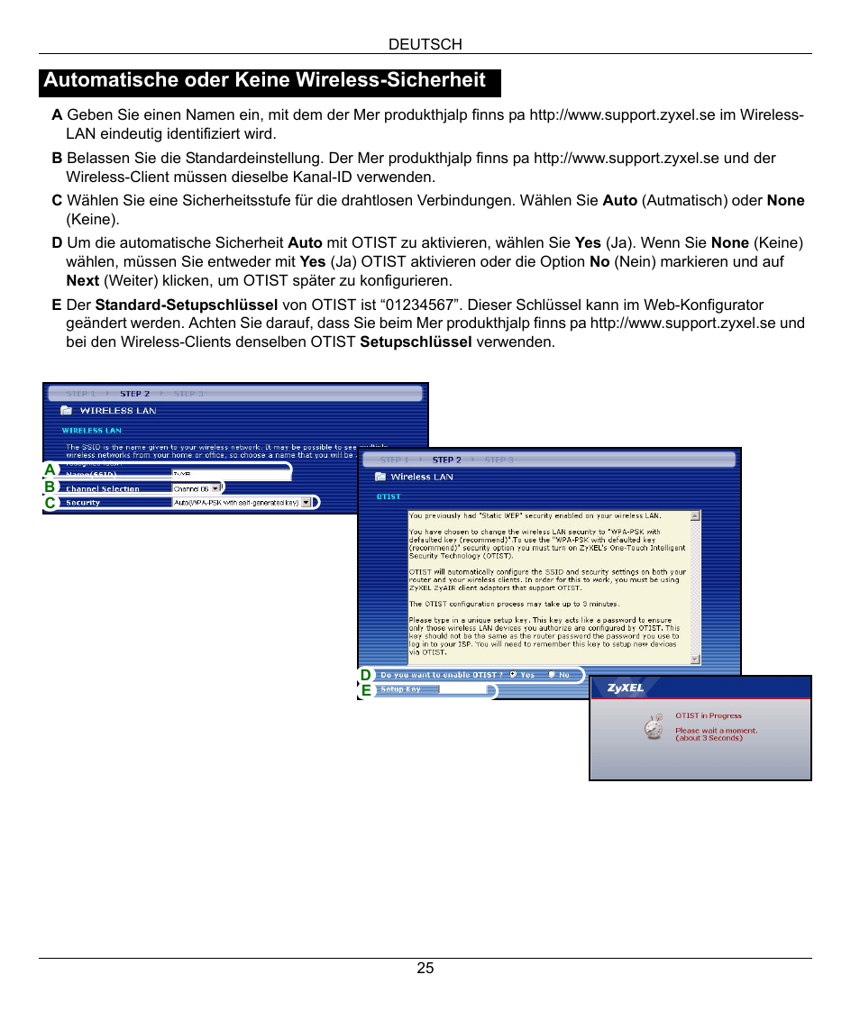 Automatische oder keine wireless-sicherheit | ZyXEL Communications 802.11g Wireless Firewall Router 1-P-320W User Manual | Page 25 / 150