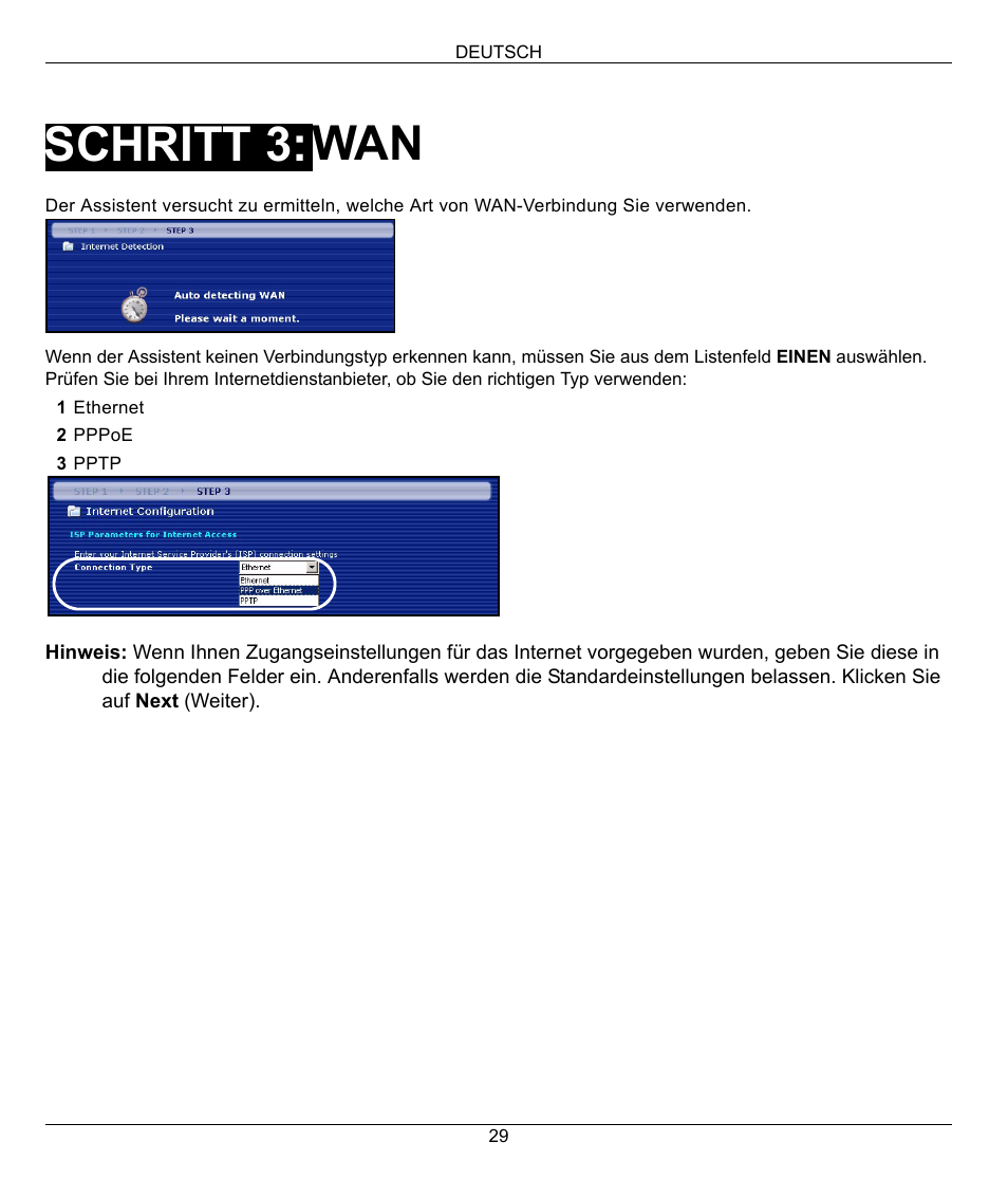 Schritt 3 | ZyXEL Communications 802.11g Wireless Firewall Router 1-P-320W User Manual | Page 29 / 150
