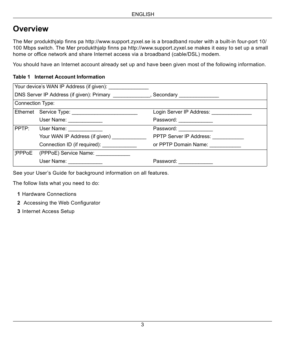 English, English 3, Overview | ZyXEL Communications 802.11g Wireless Firewall Router 1-P-320W User Manual | Page 3 / 150