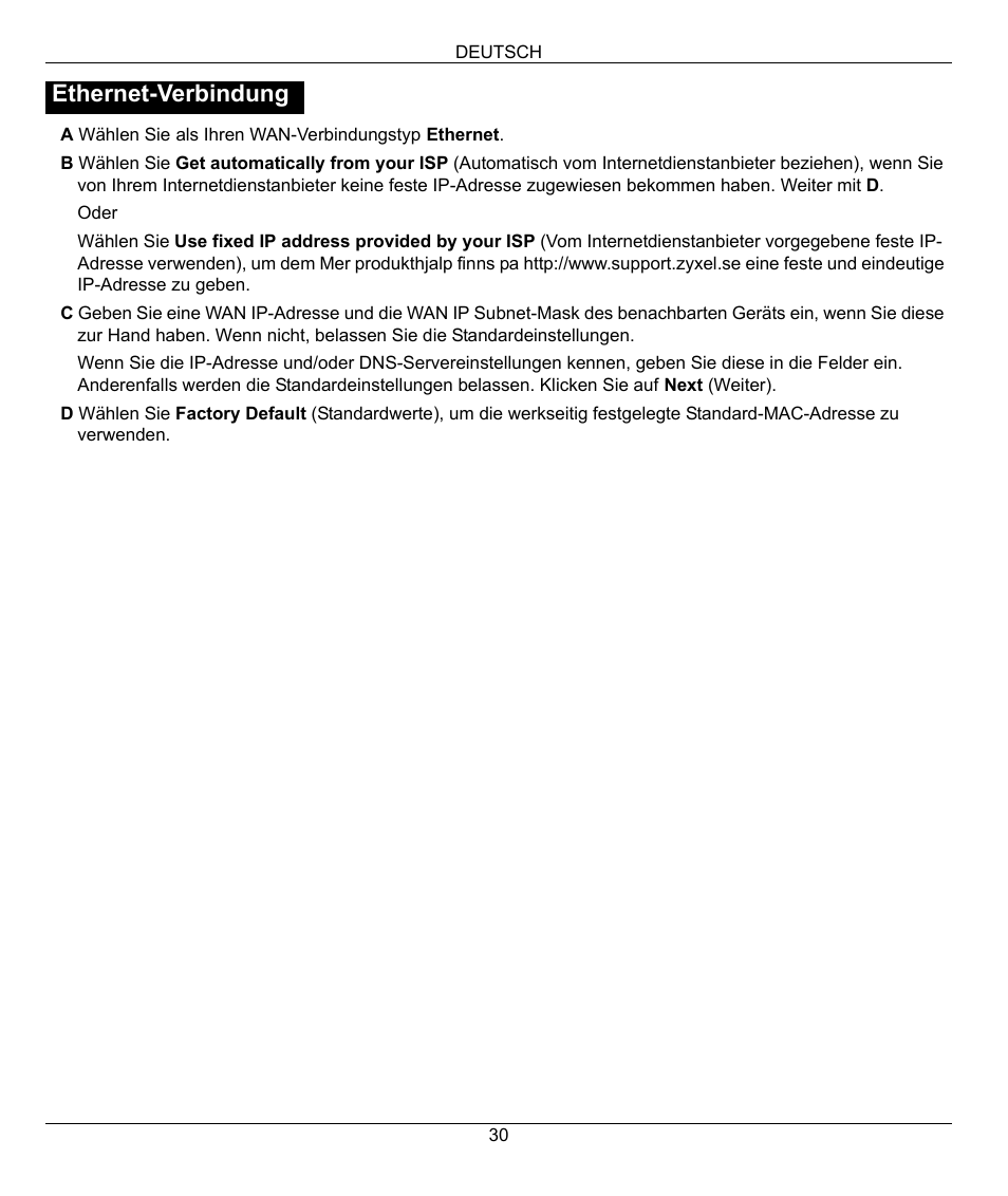 Ethernet-verbindung | ZyXEL Communications 802.11g Wireless Firewall Router 1-P-320W User Manual | Page 30 / 150