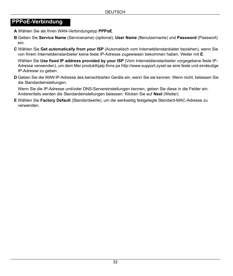 Pppoe-verbindung | ZyXEL Communications 802.11g Wireless Firewall Router 1-P-320W User Manual | Page 32 / 150