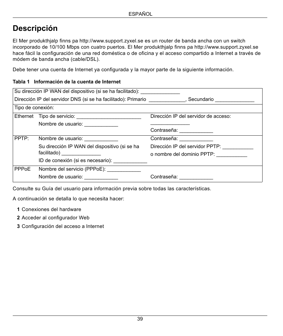 Español, Español 39, Descripción | ZyXEL Communications 802.11g Wireless Firewall Router 1-P-320W User Manual | Page 39 / 150