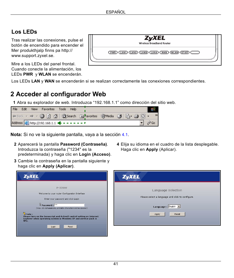2 acceder al configurador web, Los leds | ZyXEL Communications 802.11g Wireless Firewall Router 1-P-320W User Manual | Page 41 / 150