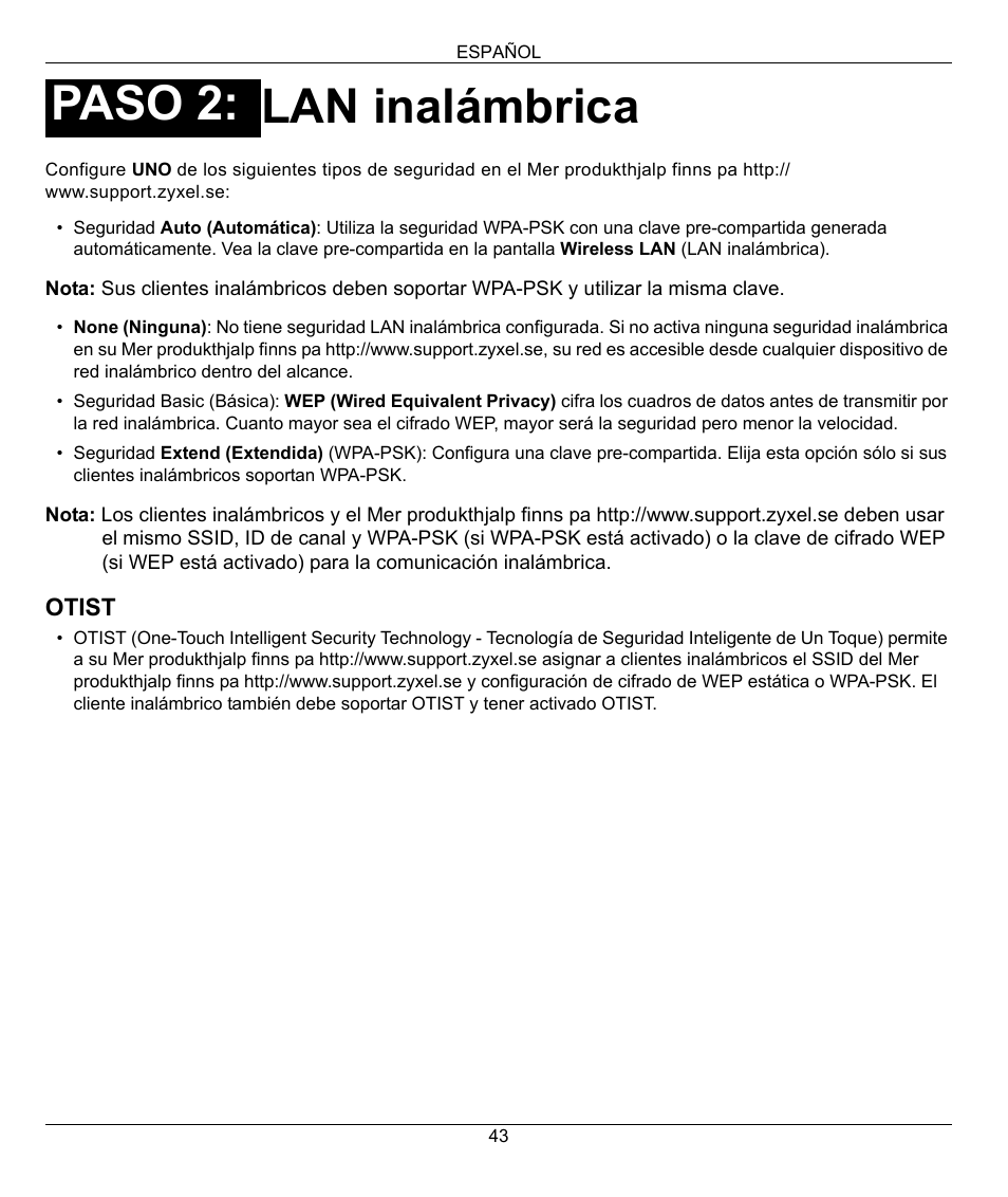 Lan inalámbrica, Paso 2 | ZyXEL Communications 802.11g Wireless Firewall Router 1-P-320W User Manual | Page 43 / 150