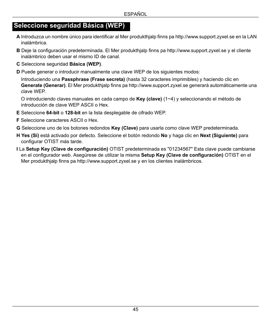 Seleccione seguridad básica (wep) | ZyXEL Communications 802.11g Wireless Firewall Router 1-P-320W User Manual | Page 45 / 150