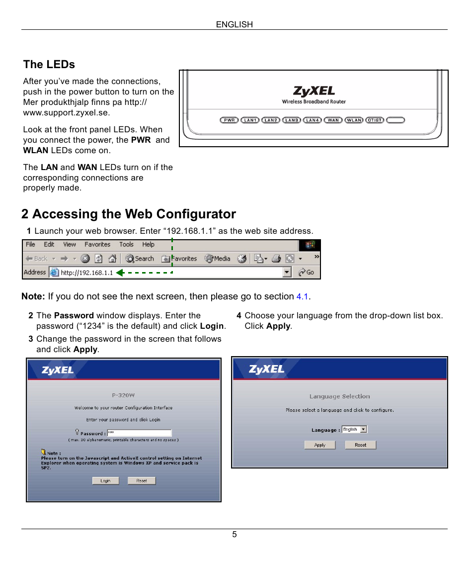 2 accessing the web configurator, The leds | ZyXEL Communications 802.11g Wireless Firewall Router 1-P-320W User Manual | Page 5 / 150