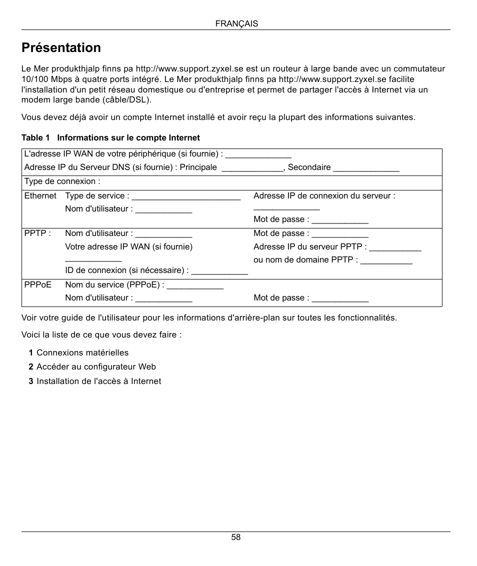 Français, Français 58, Présentation | ZyXEL Communications 802.11g Wireless Firewall Router 1-P-320W User Manual | Page 58 / 150