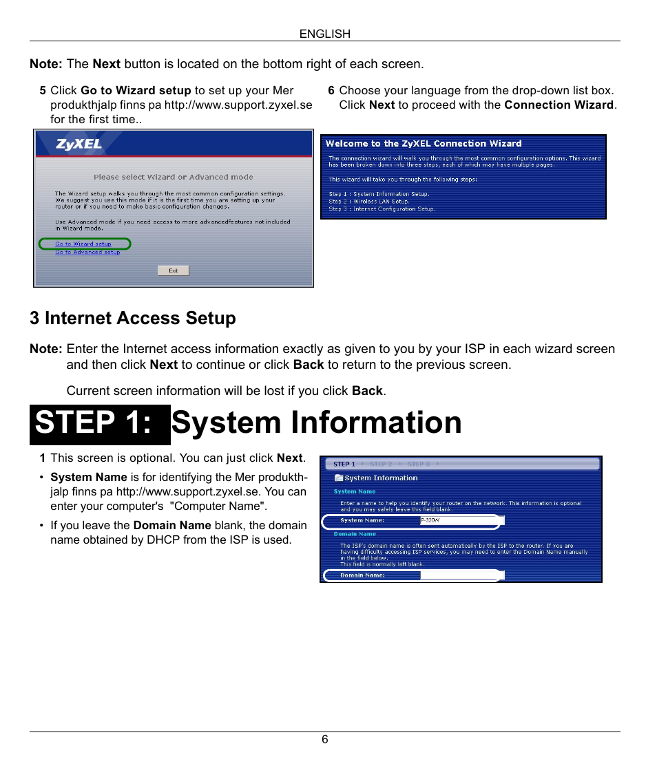 System information, Step 1, 3 internet access setup | ZyXEL Communications 802.11g Wireless Firewall Router 1-P-320W User Manual | Page 6 / 150