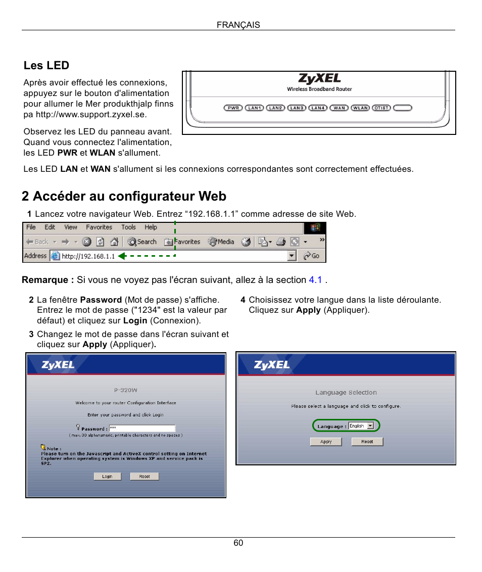 2 accéder au configurateur web, Les led | ZyXEL Communications 802.11g Wireless Firewall Router 1-P-320W User Manual | Page 60 / 150