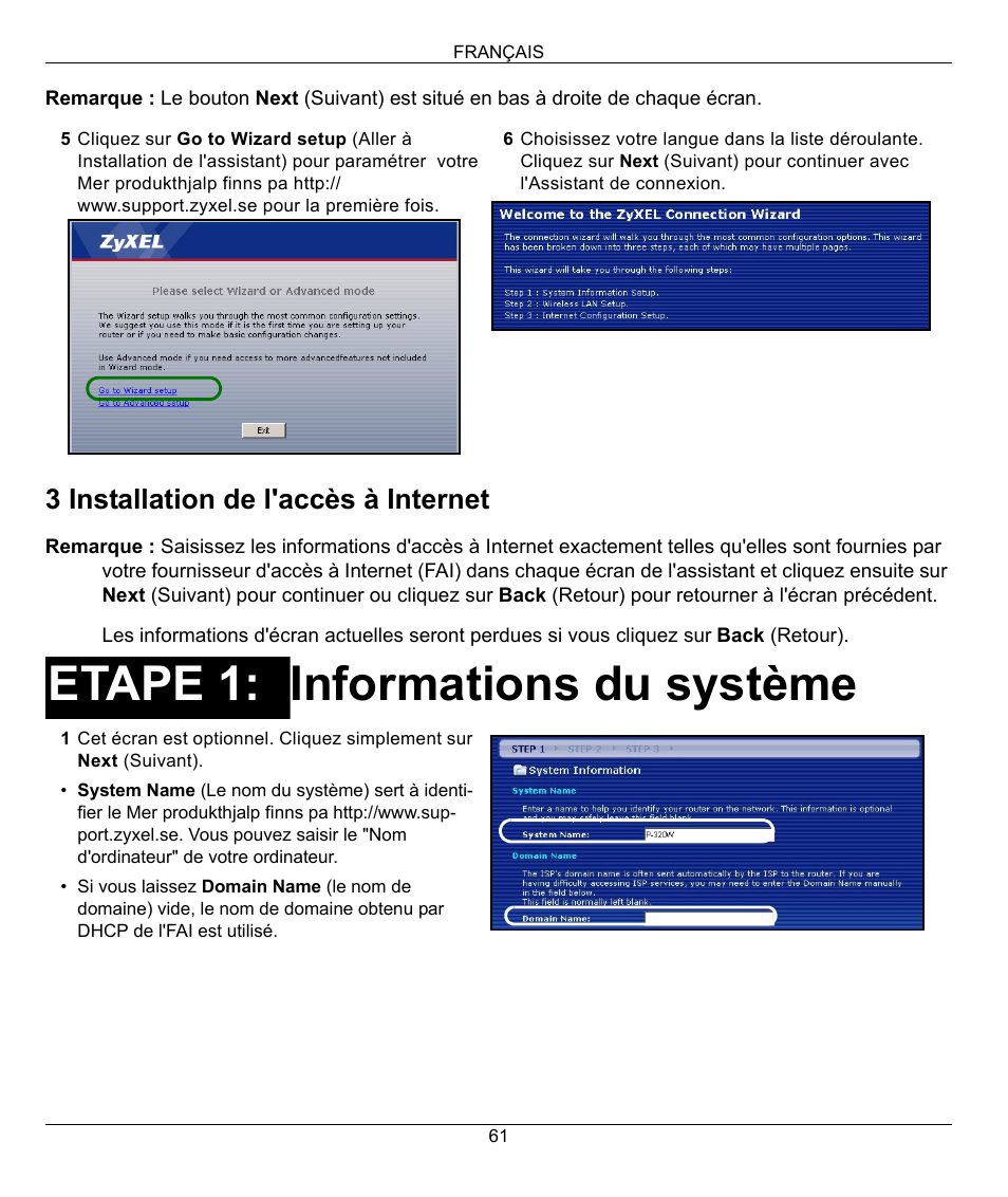 Informations du système, Etape 1, 3 installation de l'accès à internet | ZyXEL Communications 802.11g Wireless Firewall Router 1-P-320W User Manual | Page 61 / 150