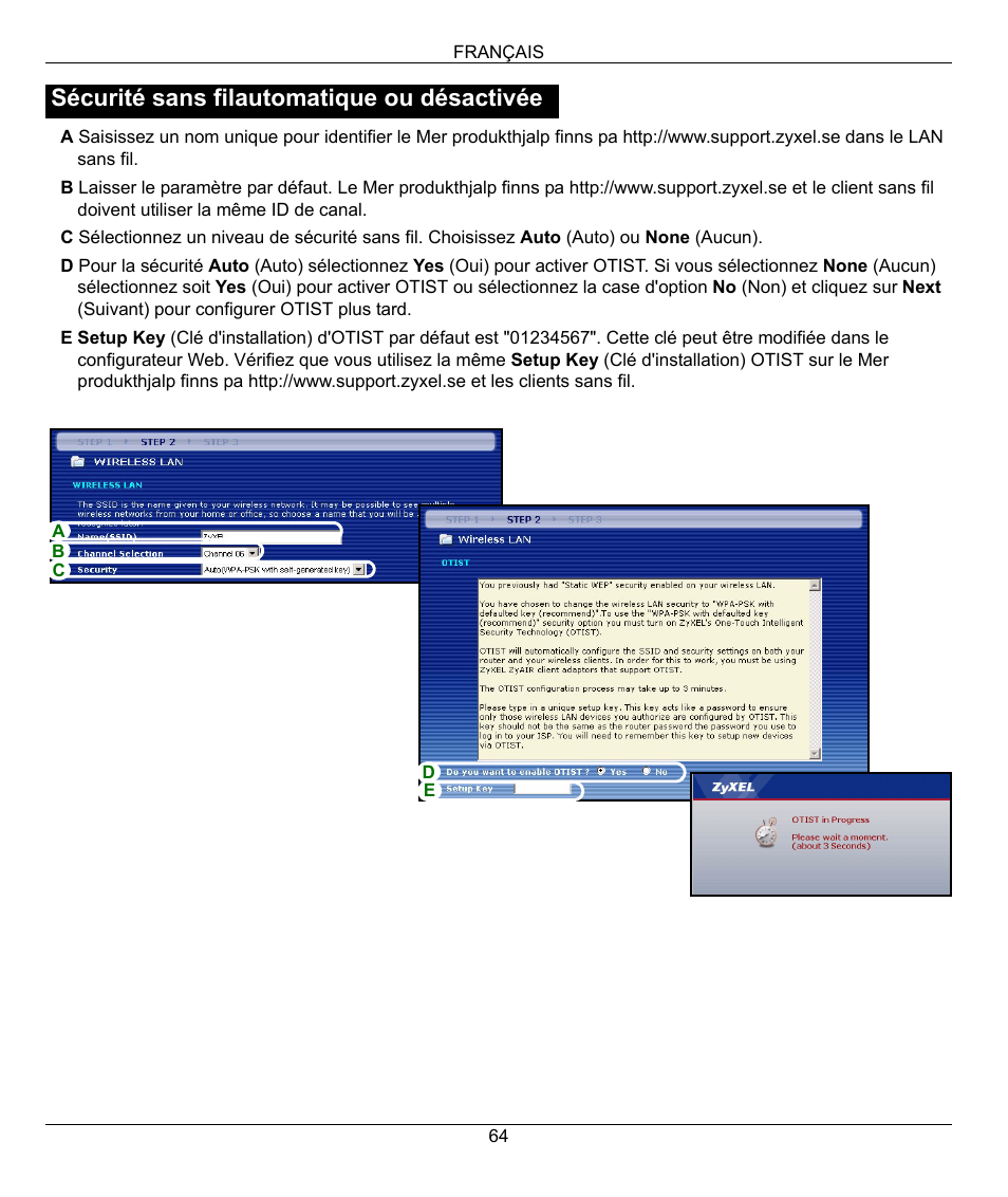 Sécurité sans filautomatique ou désactivée | ZyXEL Communications 802.11g Wireless Firewall Router 1-P-320W User Manual | Page 64 / 150