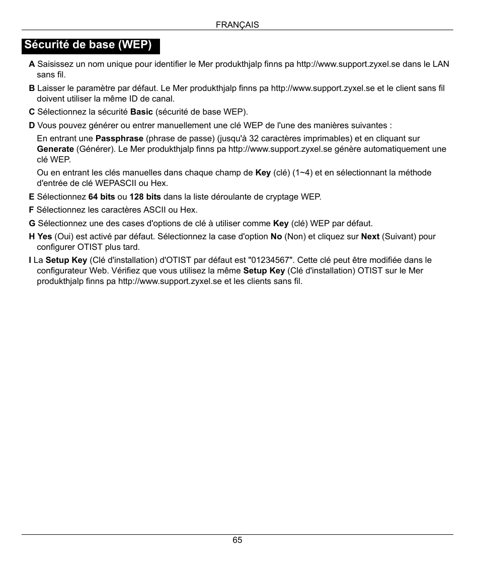 Sécurité de base (wep) | ZyXEL Communications 802.11g Wireless Firewall Router 1-P-320W User Manual | Page 65 / 150