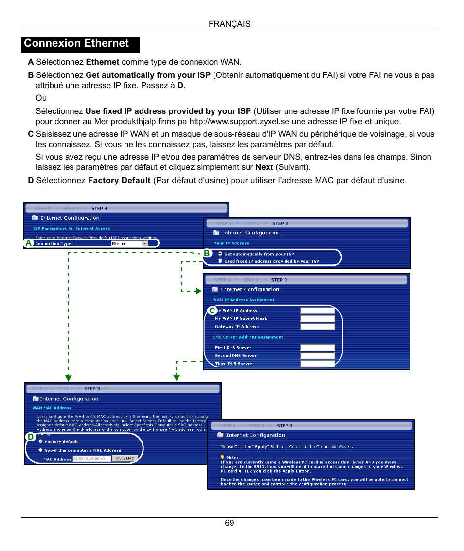 Connexion ethernet | ZyXEL Communications 802.11g Wireless Firewall Router 1-P-320W User Manual | Page 69 / 150