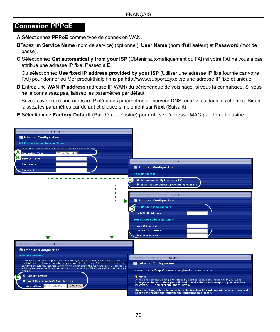 Connexion pppoe | ZyXEL Communications 802.11g Wireless Firewall Router 1-P-320W User Manual | Page 70 / 150