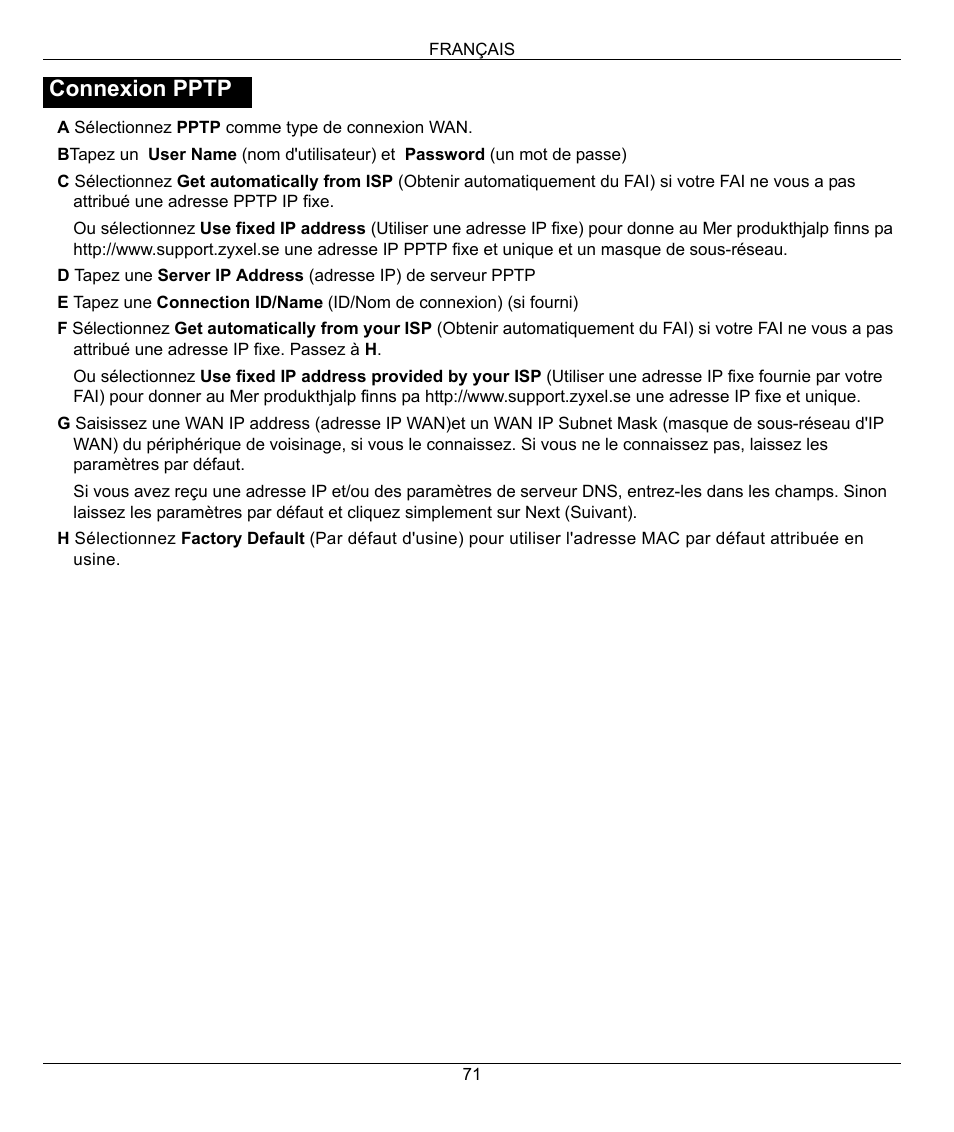 Connexion pptp | ZyXEL Communications 802.11g Wireless Firewall Router 1-P-320W User Manual | Page 71 / 150