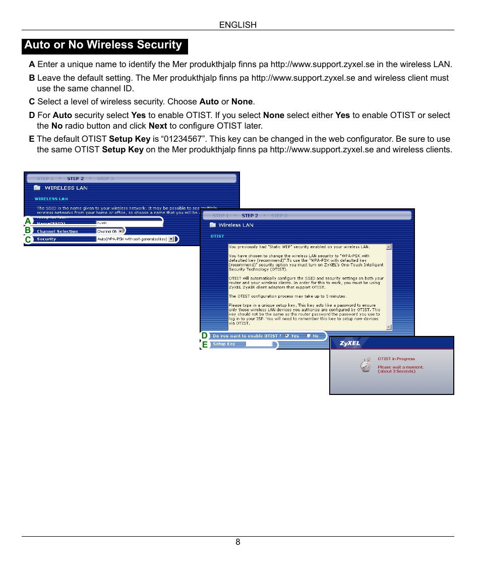 Auto or no wireless security | ZyXEL Communications 802.11g Wireless Firewall Router 1-P-320W User Manual | Page 8 / 150